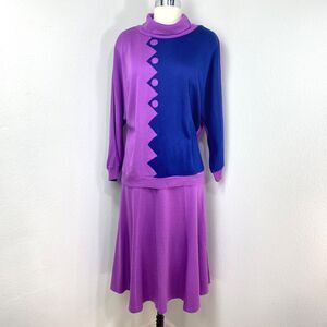 Vtg Graff Knit Purple Blue Circle Skirt & Sweatshirt Top Set Size 16 Op Art USA